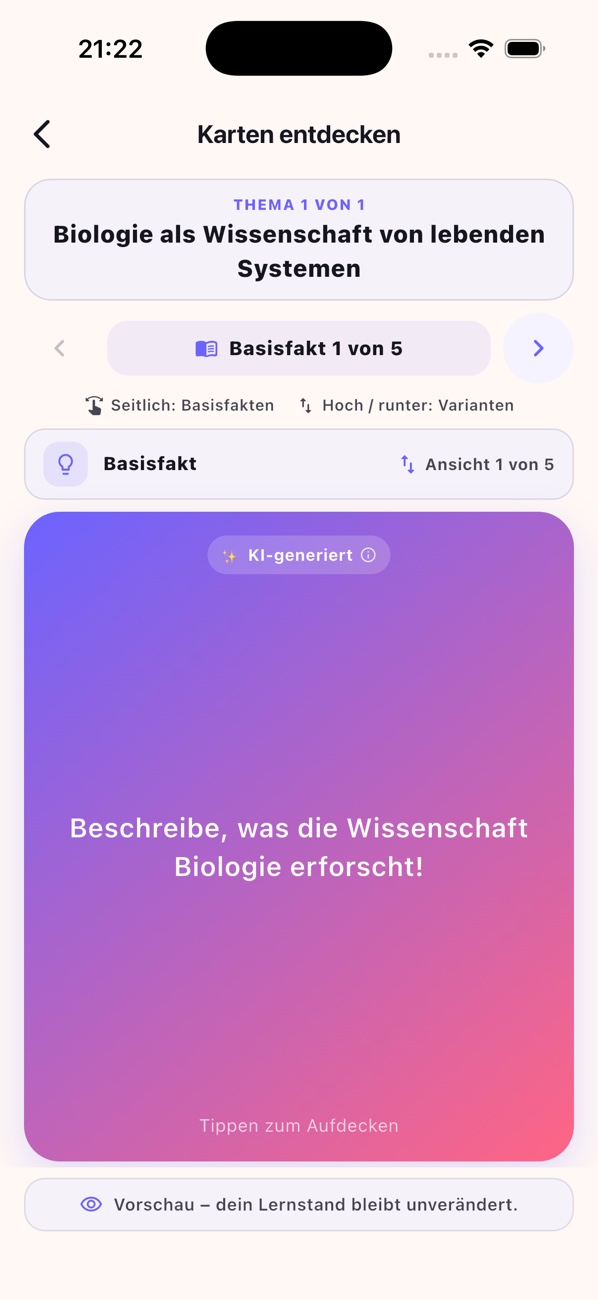 Aktuelle Luno-Lernkarte mit der Frage, was die Wissenschaft Biologie erforscht