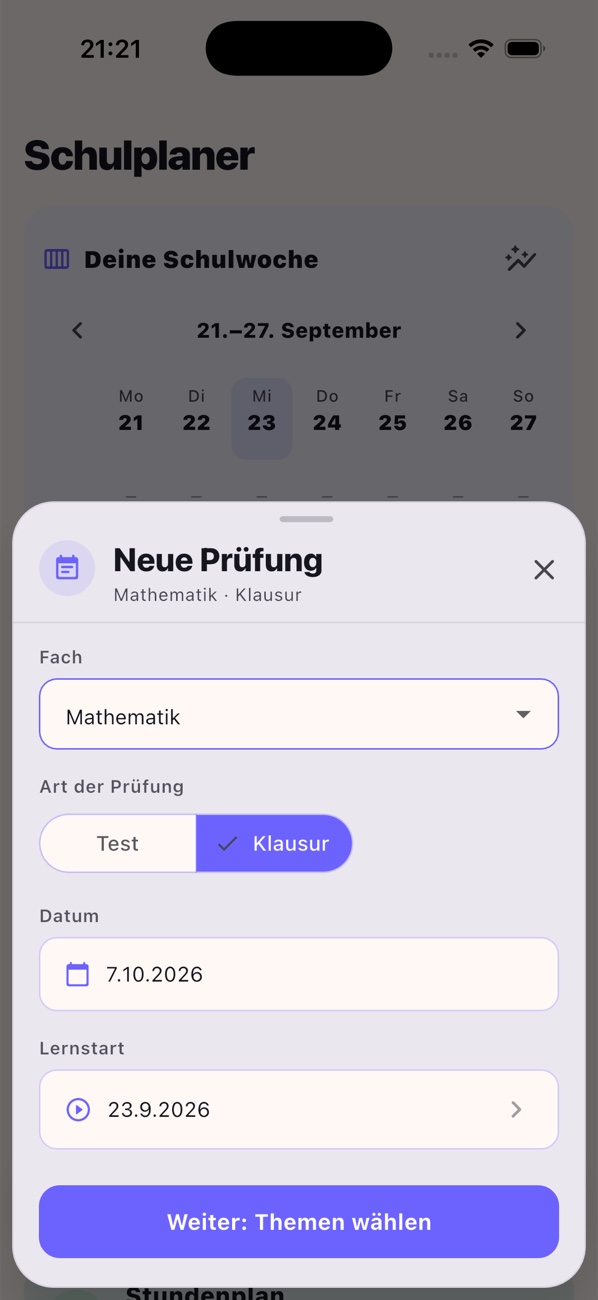 Formular Neue Prüfung im aktuellen Luno-Schulplaner mit Mathematik, Klausur, Prüfungsdatum und Lernstart