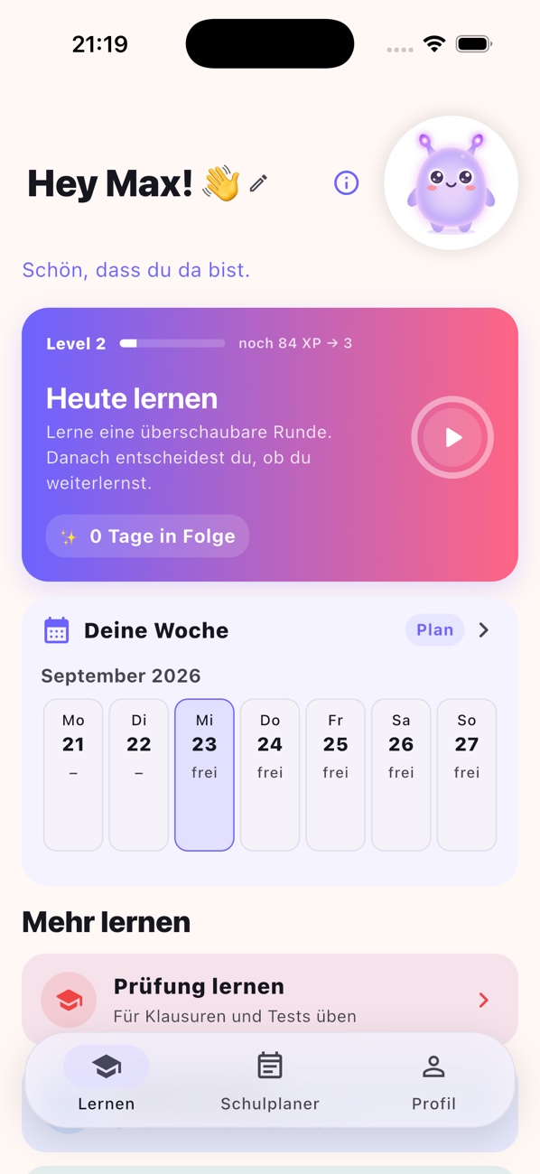 Aktuelle Luno-Startseite mit dem Einstieg Heute lernen und einer Übersicht der Schulwoche